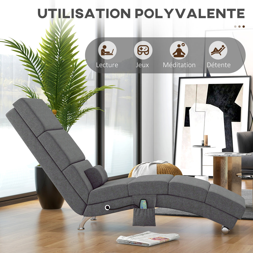 Fauteuil relax salon fauteuil de massage et chauffage meridienne avec télécommande et oreiller, tissu effet lin, gris-5