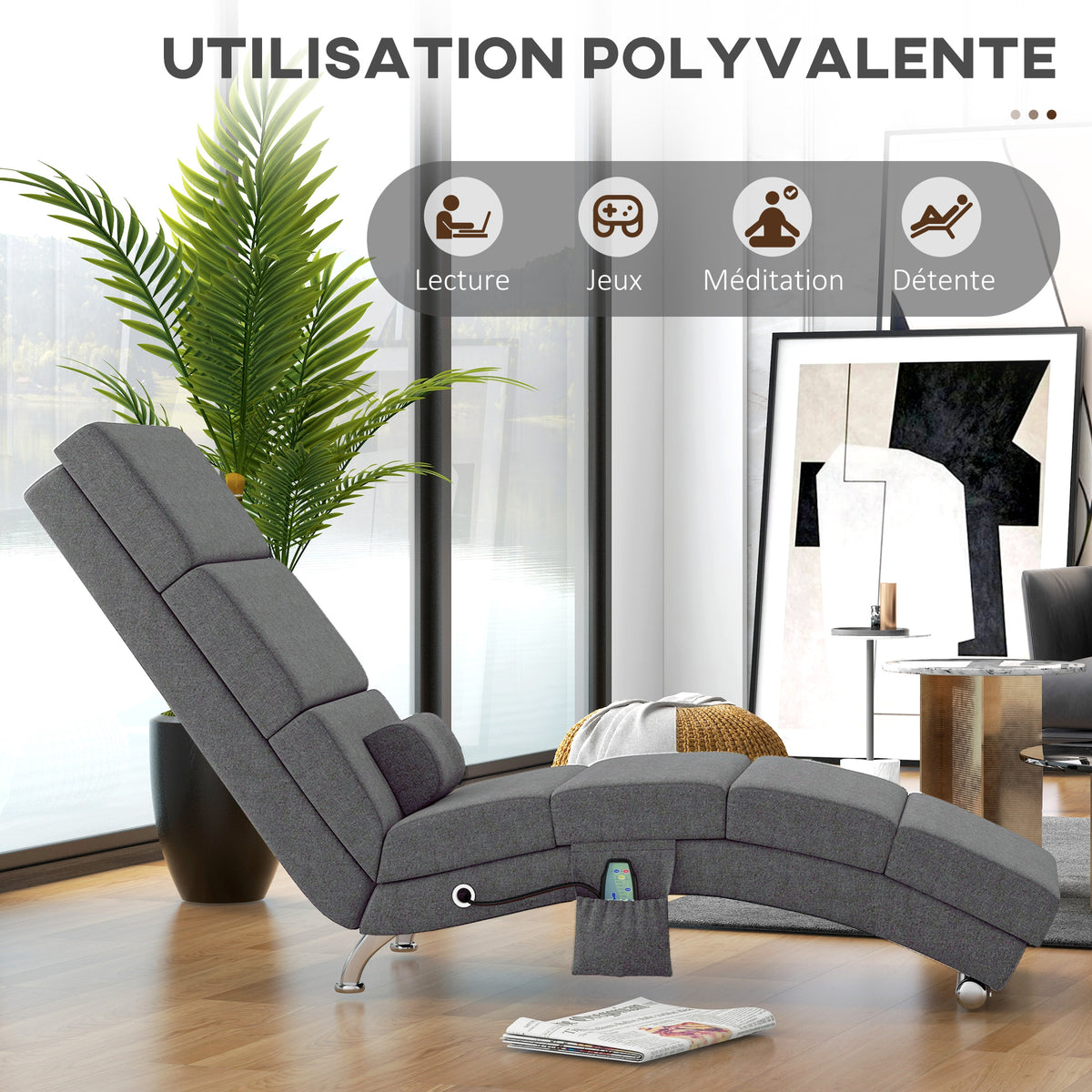 Fauteuil relax salon fauteuil de massage et chauffage meridienne avec télécommande et oreiller, tissu effet lin, gris-5