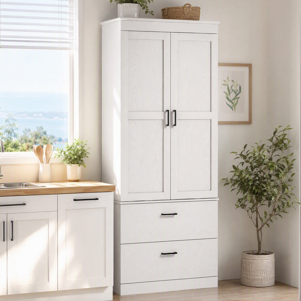 Armoire de cuisine buffet cuisine vaisselier meuble de rangement avec placard, 2 tiroirs et étagères réglables, crème-7