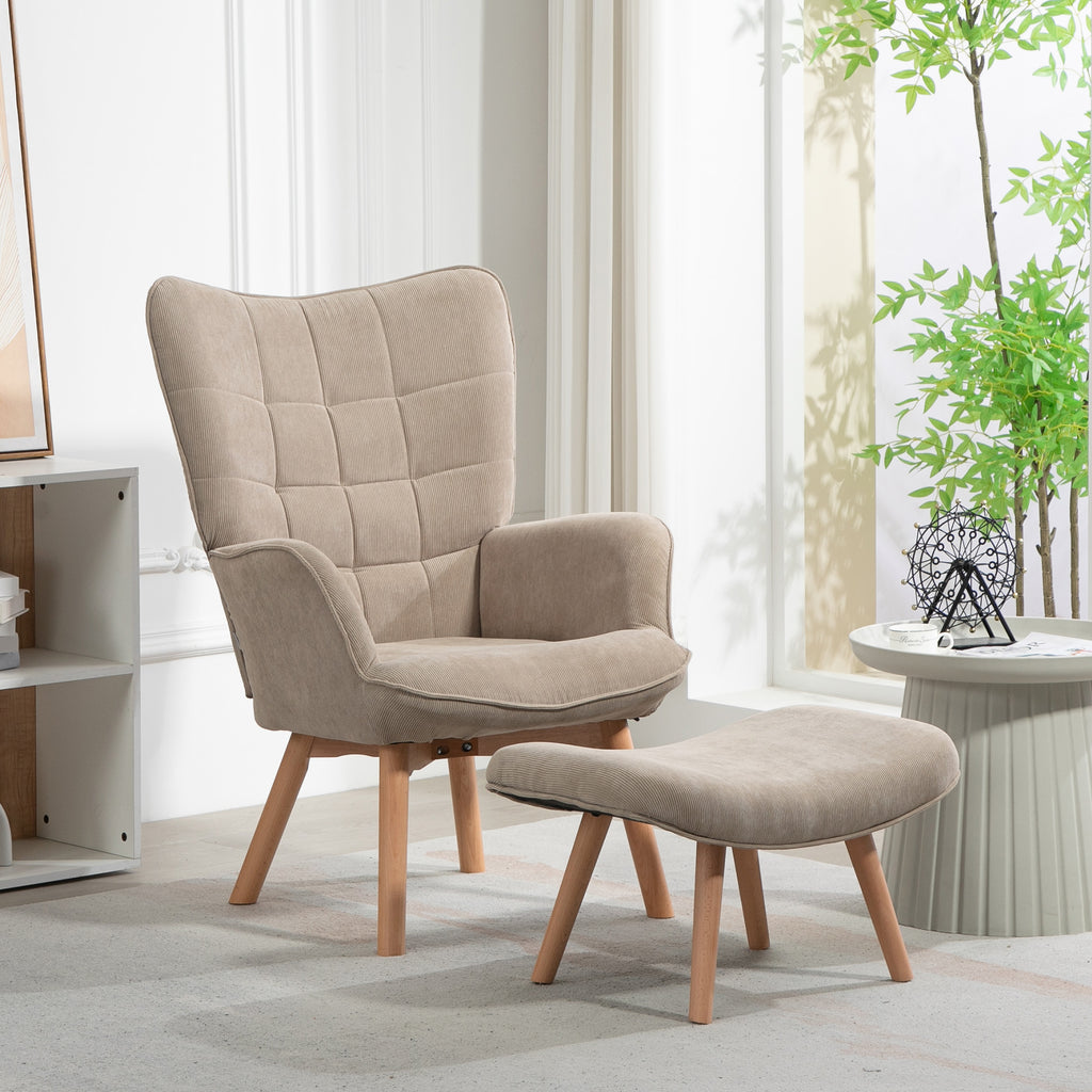 Fauteuil de Salon avec Repose-Pied, Fauteuil d'Appoint Capitonné en Velours Côtelé, Dossier Haut et Accoudoirs, Marron-1