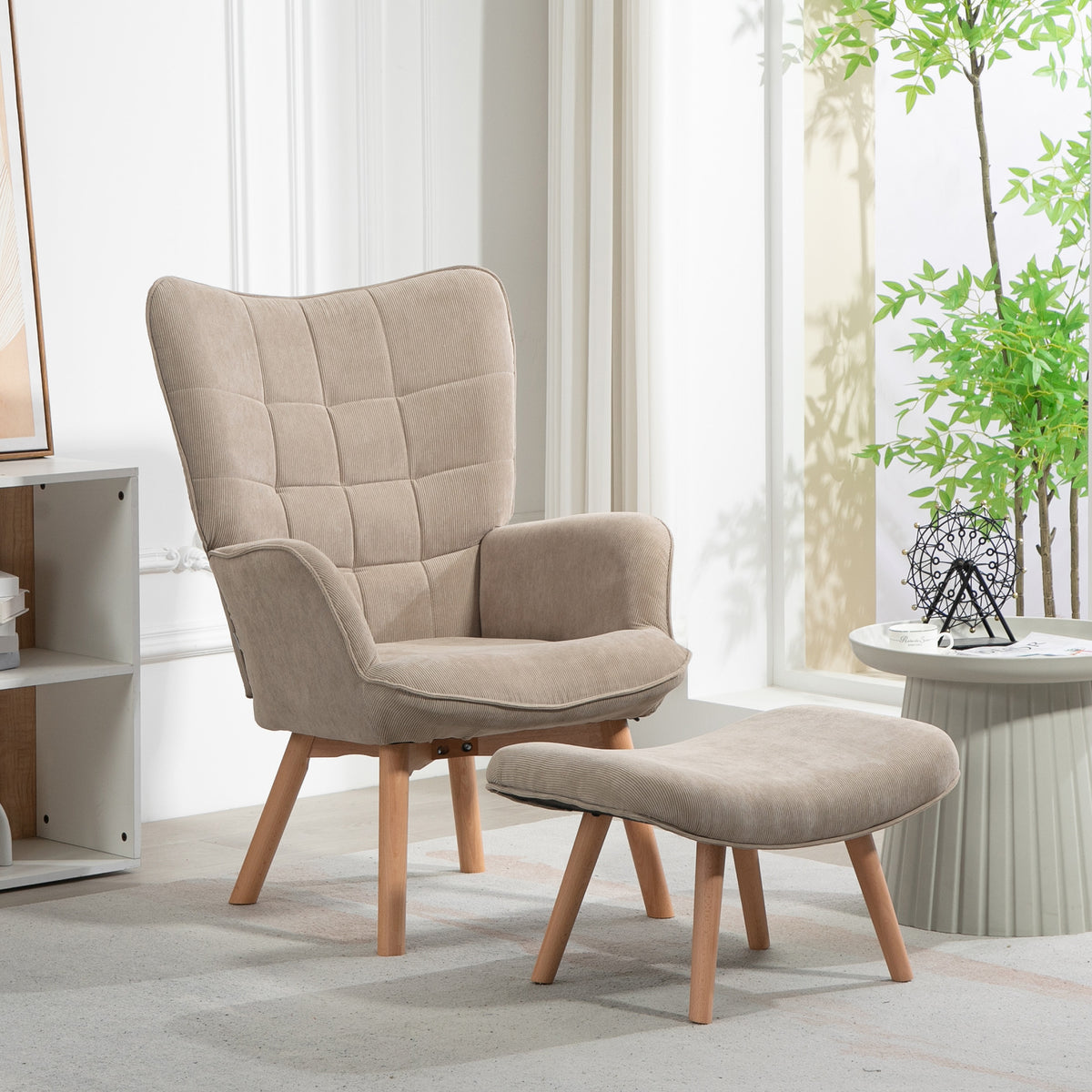 Fauteuil de Salon avec Repose-Pied, Fauteuil d'Appoint Capitonné en Velours Côtelé, Dossier Haut et Accoudoirs, Marron-1
