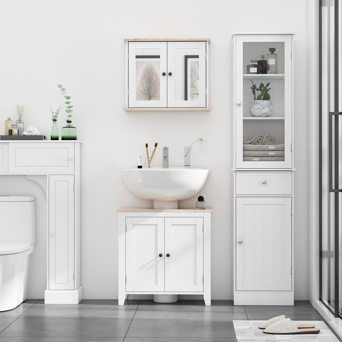 Meuble Colonne de Salle de Bain Placard Porte Acrylique 2 étagères Placard Porte 1 étagère tiroir MDF Blanc-9