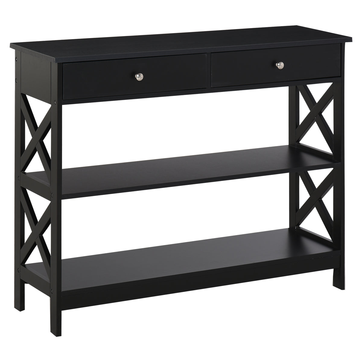 Table de console table d'entrée style table de drapier néo-rétro 2 tiroirs 2 étagères dim. 100L x 30,5l x 80H cm en bois noir-0
