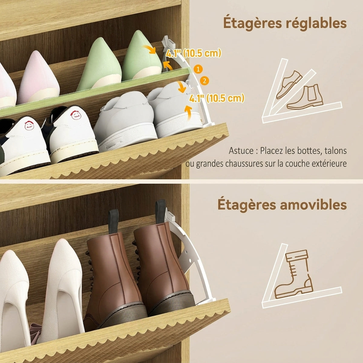 Meuble à chaussures 18 paires, armoire à chaussures étroite, 3 tiroirs rabattables étagères réglables, 60x24x128cm, chêne-5