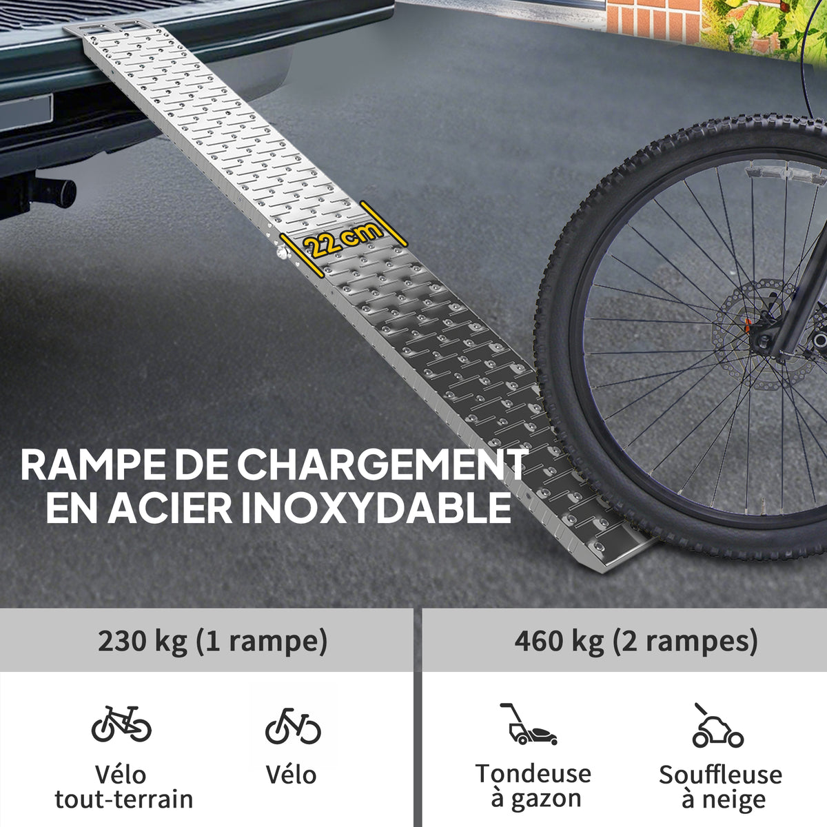 Rampe de chargement pliable 230 kg, rampe d'accès motos en acier galvanisé sangles de sécurité, 190 x 22 x 8 cm, argent-3