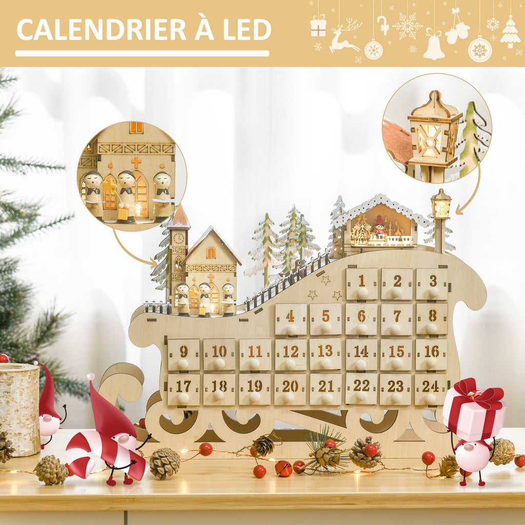 Calendario dell’Avvento di Natale in legno a slitta con 24 cassetti e 10 LED
