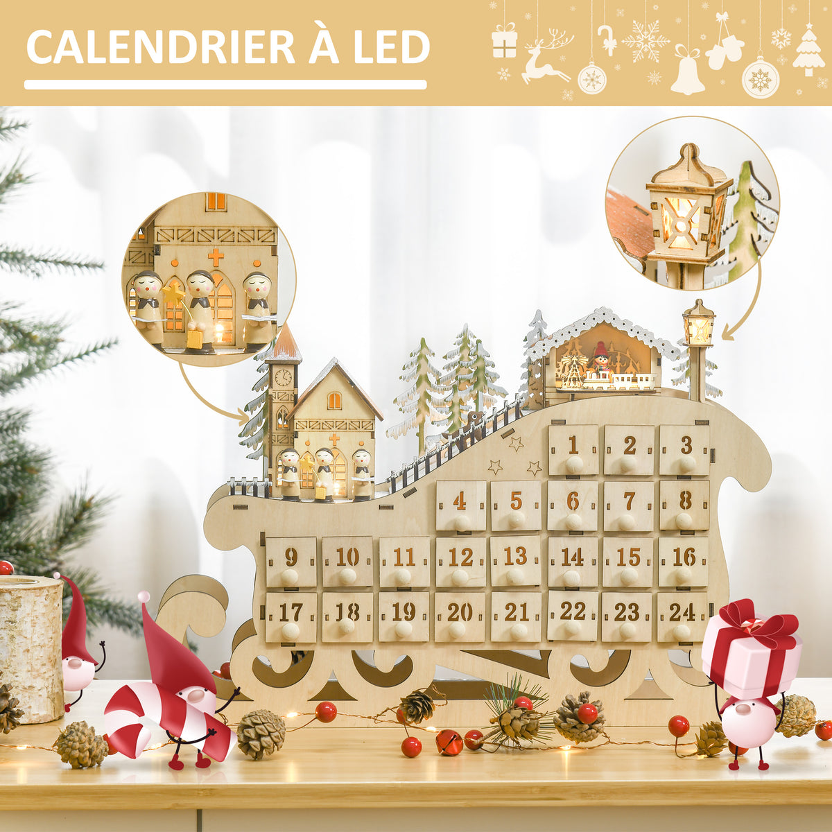 Calendario dell’Avvento di Natale in legno a slitta con 24 cassetti e 10 LED