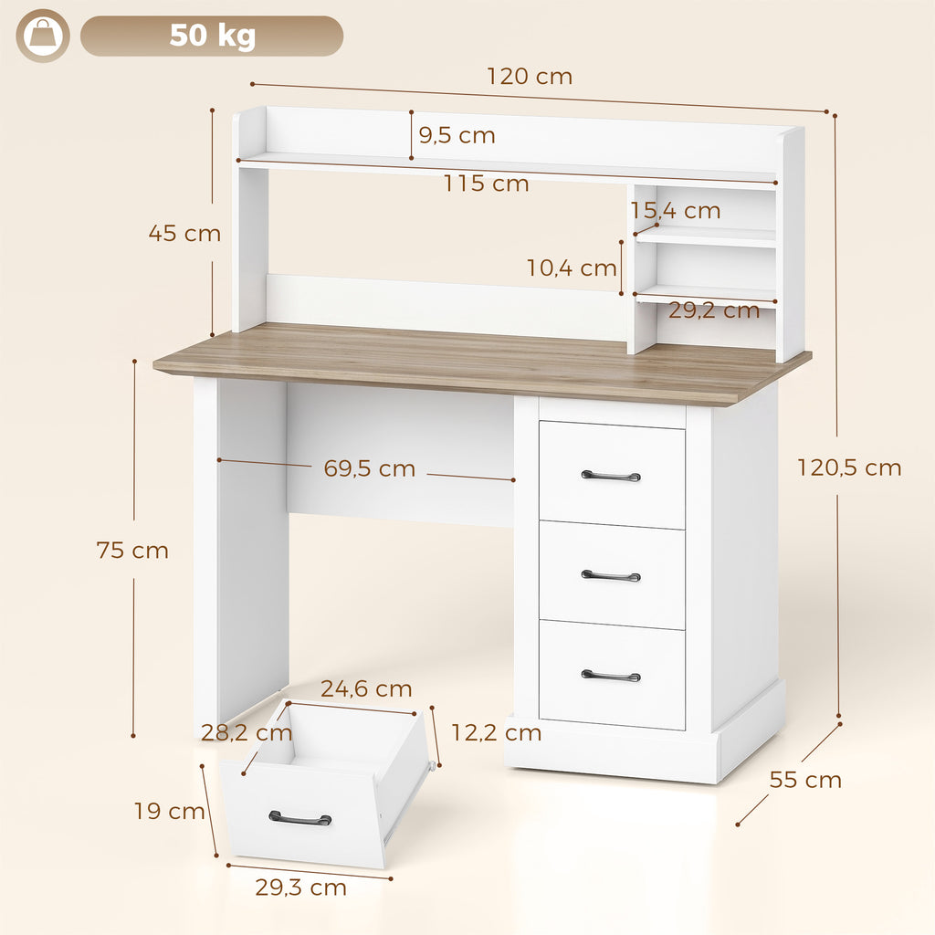 Bureau Informatique avec 3 Tiroirs, 120x55cm, Bureau avec Rangement, Étagères Ouvertes et Large Plateau, Chêne et Blanc-2