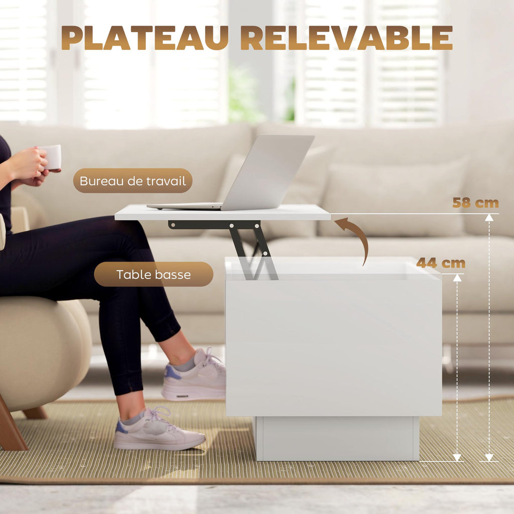 Table basse relevable, table de salon avec compartiment caché et 2 tiroirs, 100 x 50 x 44 cm, blanc-3