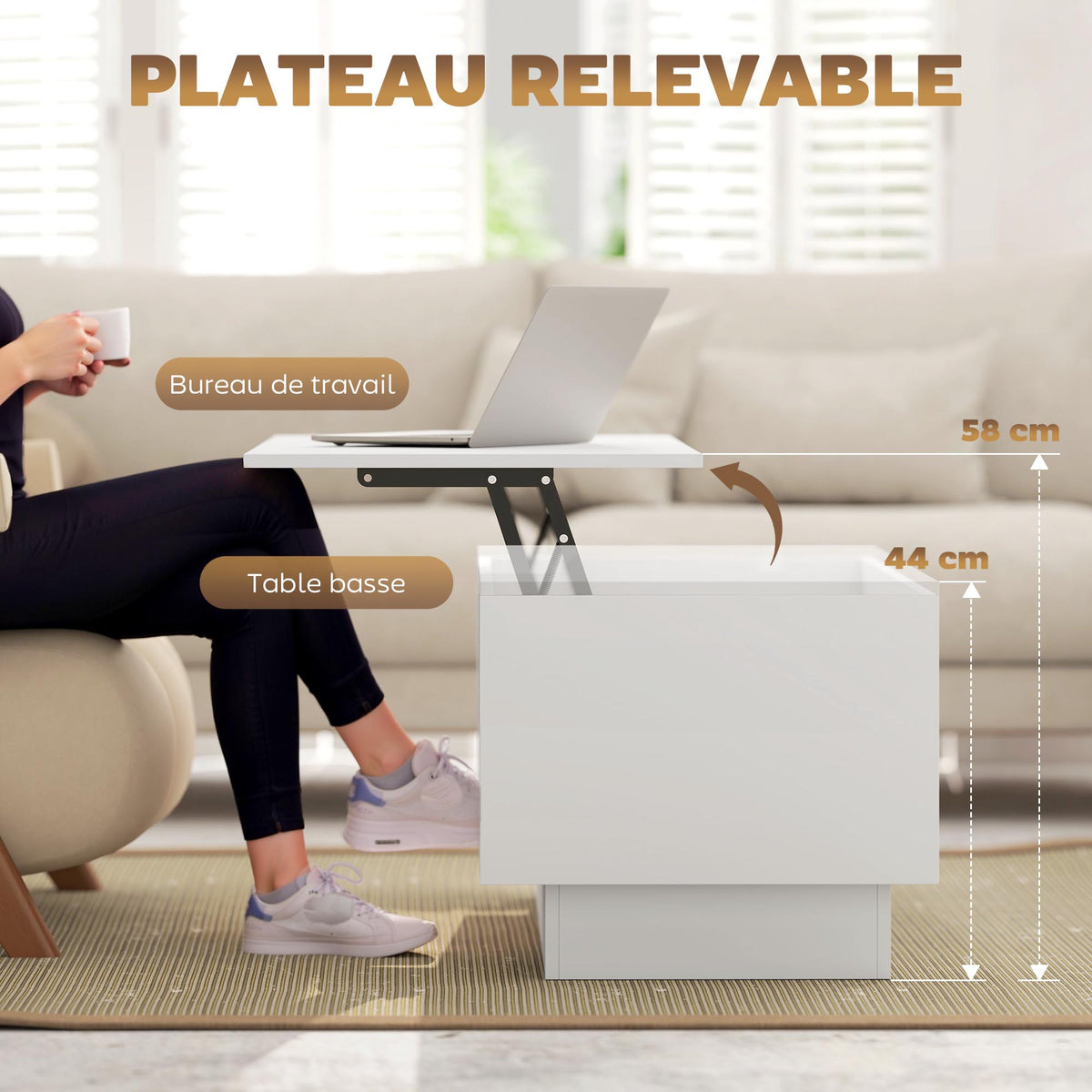 Table basse relevable, table de salon avec compartiment caché et 2 tiroirs, 100 x 50 x 44 cm, blanc-3
