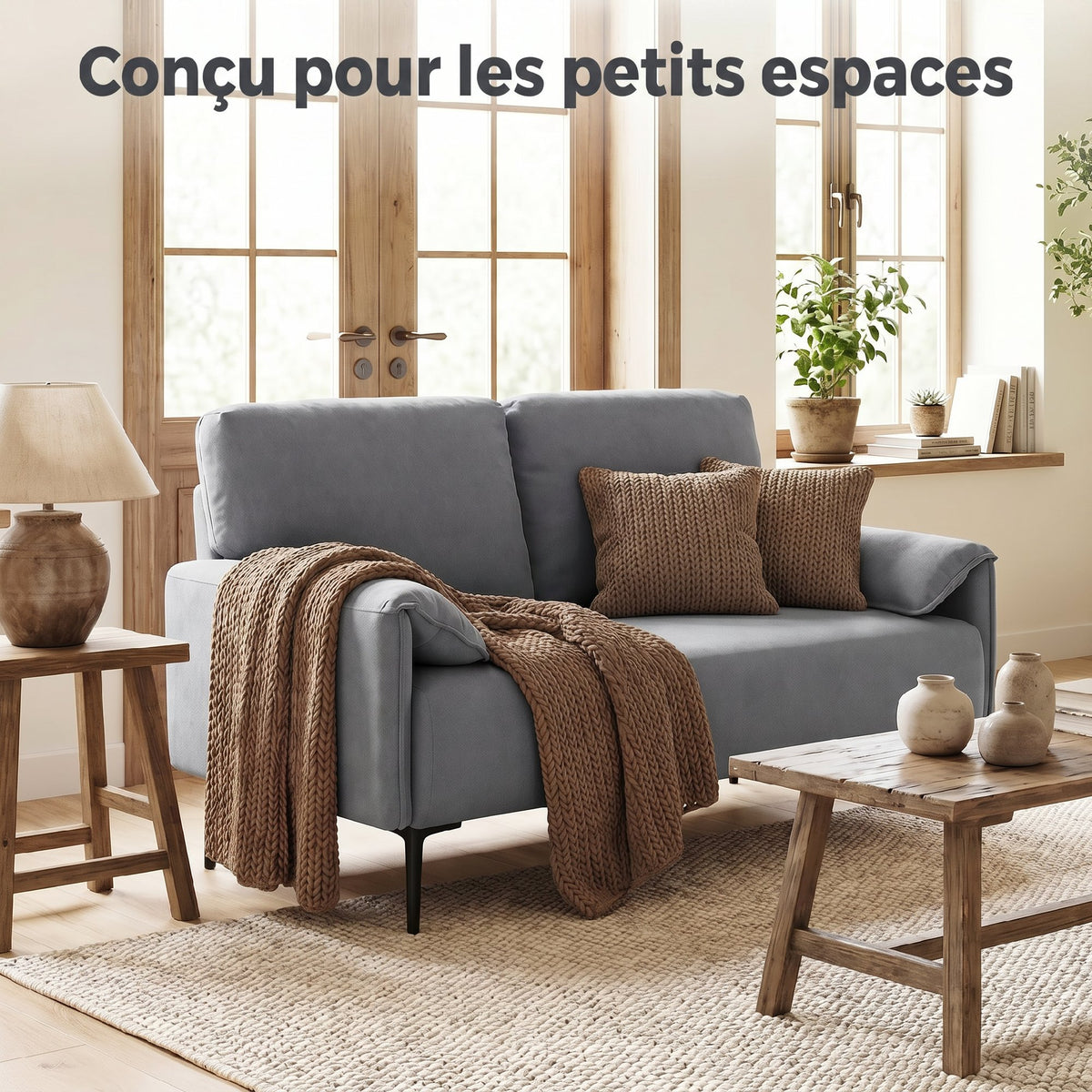 Canapé 2 Places, Canapé de Salon Rembourré avec Accoudoirs Matelassés, Effet Velours, 127 x 72 x 84 cm, Gris-5