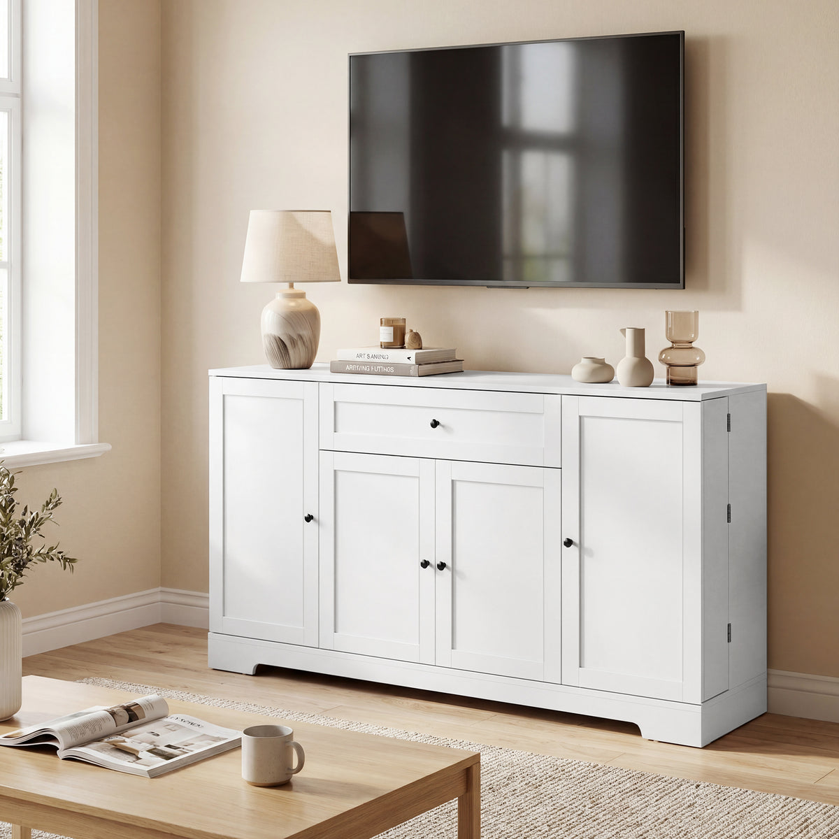 Buffet cuisine, meuble de rangement avec tiroir, 4 portes à fermeture douce, racks-porte et étagères réglables, blanc-8