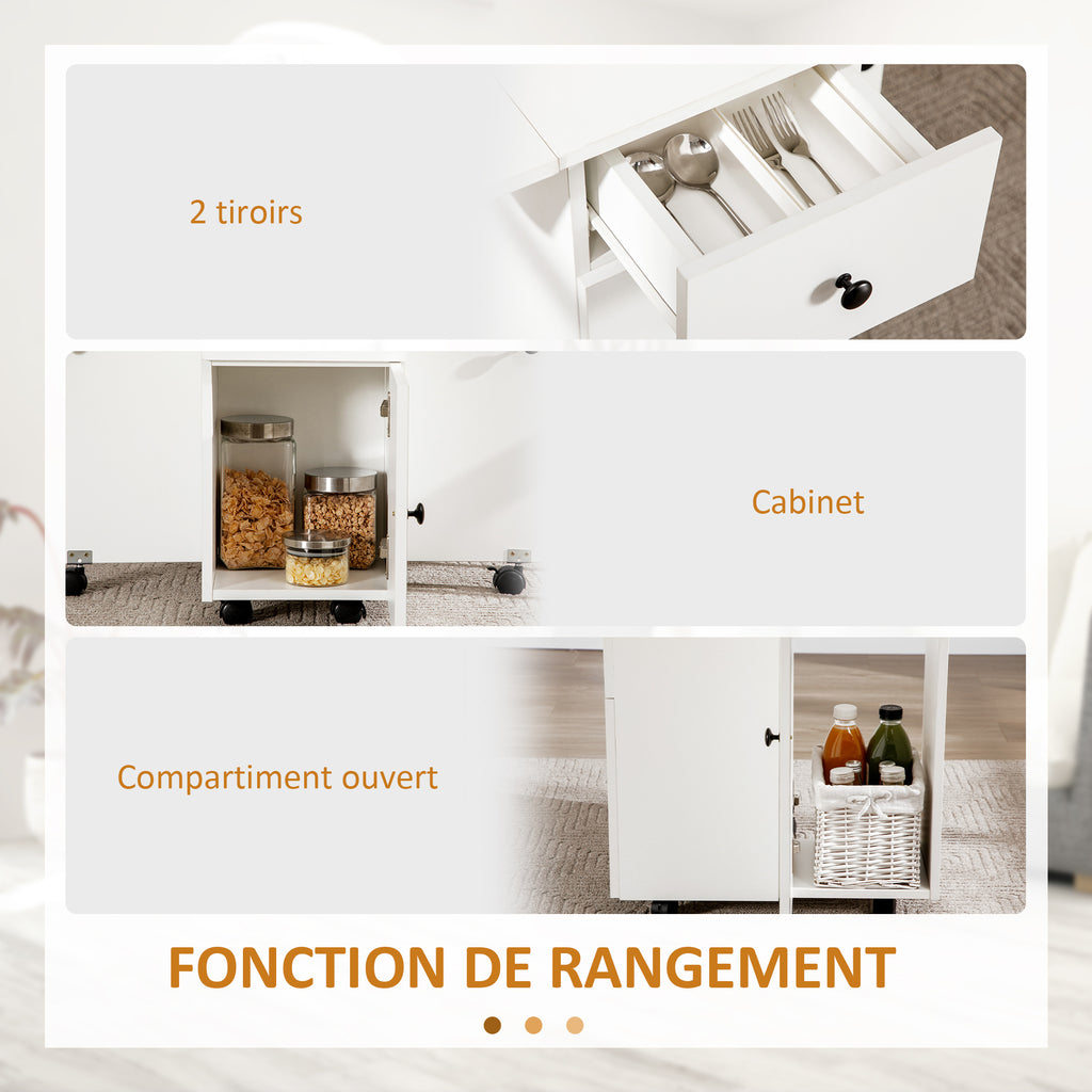 Table de cuisine pliable table à manger pliante 2 plateaux rabattables avec 2 tiroirs 1 placard blanc-5