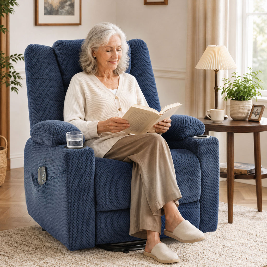 Fauteuil Releveur Électrique Massage Vibration et Chaleur, Fauteuil Relax Électrique en Velours, Dossier Inclinable Bleu-7