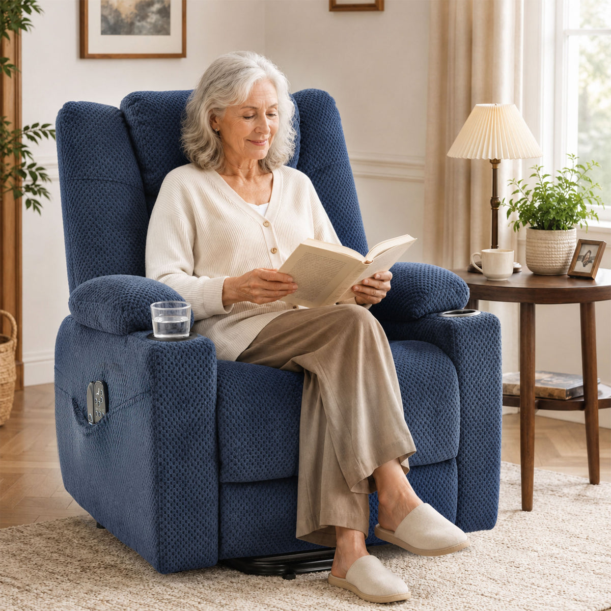 Fauteuil Releveur Électrique Massage Vibration et Chaleur, Fauteuil Relax Électrique en Velours, Dossier Inclinable Bleu-7