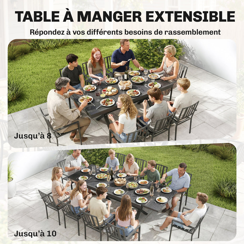 Table de Jardin Extensible Aluminium Table de Repas Extérieure Effet Bois 8-10 Personnes 214x85x73cm Gris Anthracite-3