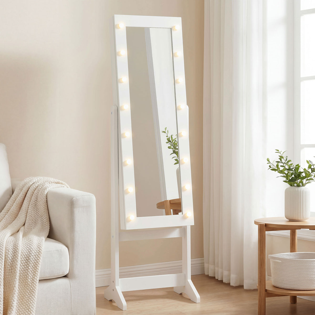 Armoire à bijoux armoire de rangement sur pieds boîte à bijoux avec miroir multi-rangements éclairage LED blanc-7