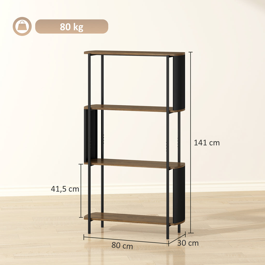 Étagère de rangement, bibliothèque à 4 niveaux avec panneaux latéraux incurvés, cadre en acier, 80x30x141cm, marron-2