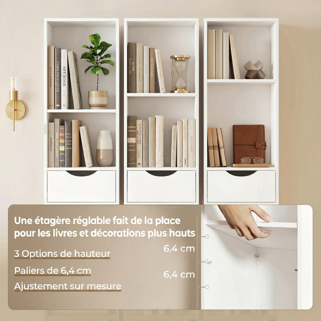 Bibliothèque étagère de rangement avec porte, 2 tiroirs, compartiments ouverts et étagère réglable, 30x24x158cm, blanc-5