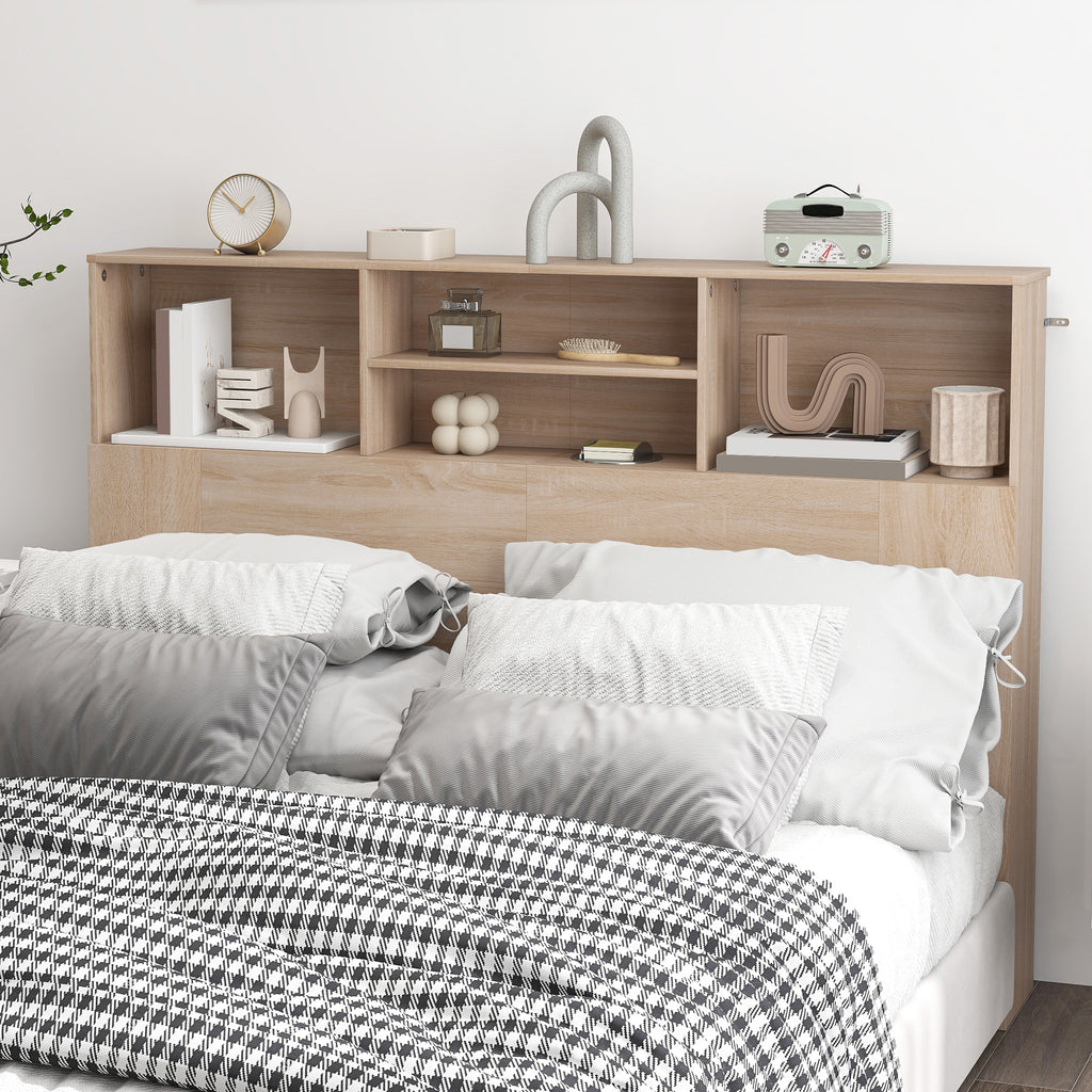 Tête de lit sur pied avec rangements, accessoire de lit 4 compartiments ouverts, 140 x 19 x 103,5 cm, effet bois naturel-7