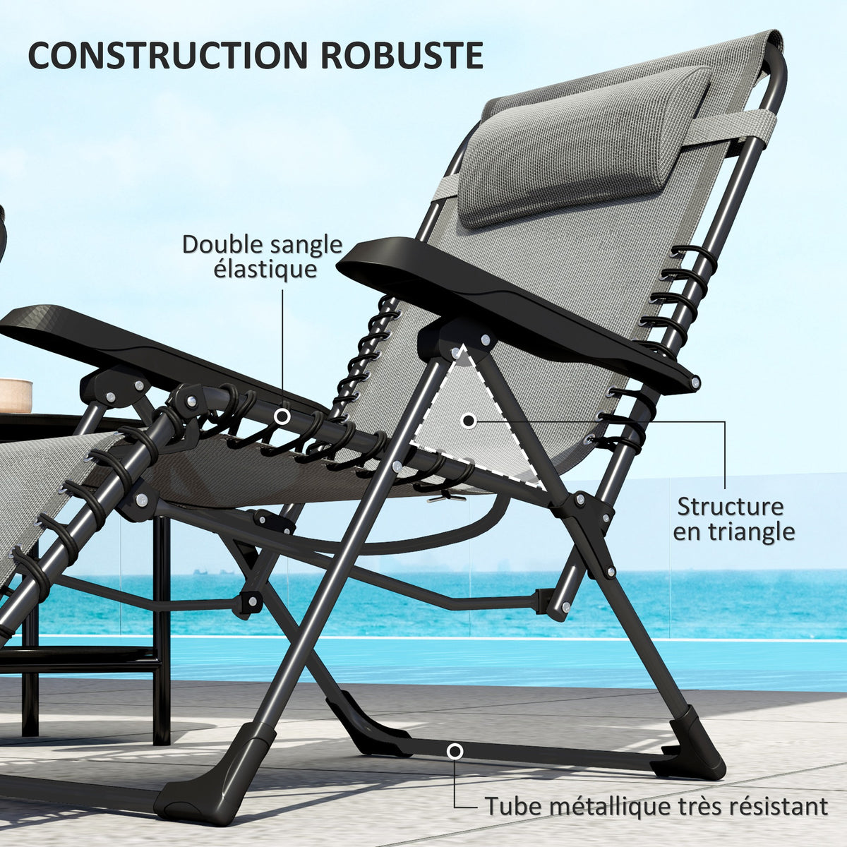 Lot de 2 bain de soleil, chaise longue pliante inclinable avec appuie-tête en textilène, 90 x 65 x 112 cm, gris-6