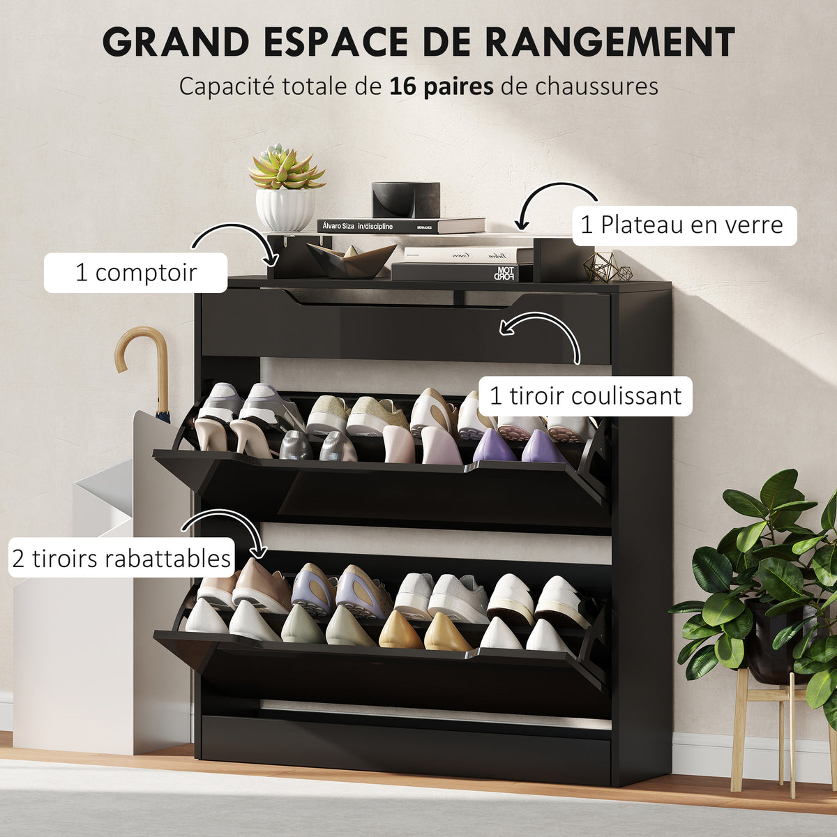 Armoire à Chaussures, 2 Tiroirs Rabattables, 1 Tiroir Coulissant, 1 Comptoir, 89x23x96cm, Noir-3