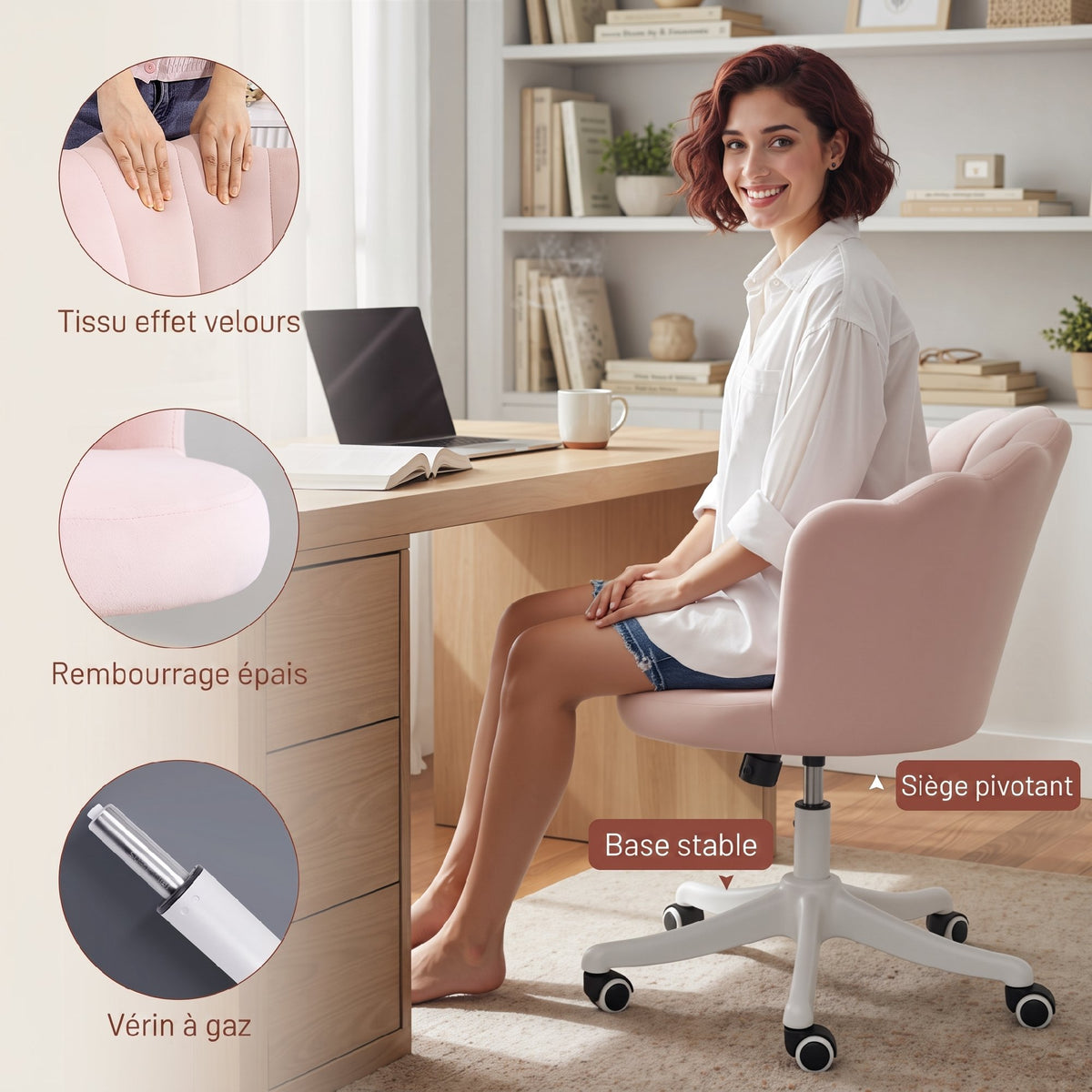 Chaise bureau en velours, chaise coiffeuse avec dossier en pétale, hauteur réglable, 69 x 64 x 80-90 cm, rose-4