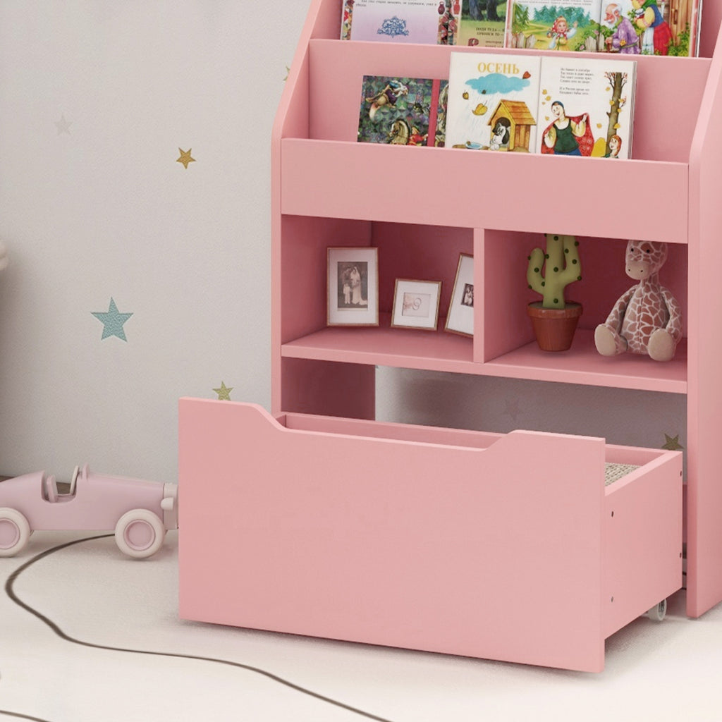 Bibliothèque étagère Multi-Rangement 3 étagères 2 niches Grand tiroir en bois Rose-8