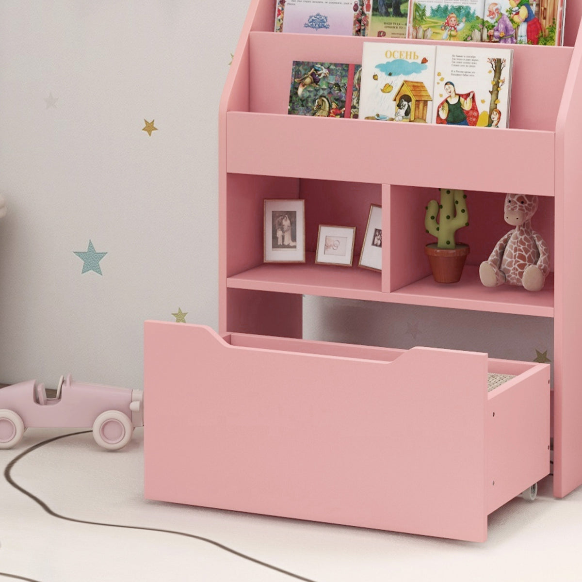 Bibliothèque étagère Multi-Rangement 3 étagères 2 niches Grand tiroir en bois Rose-8