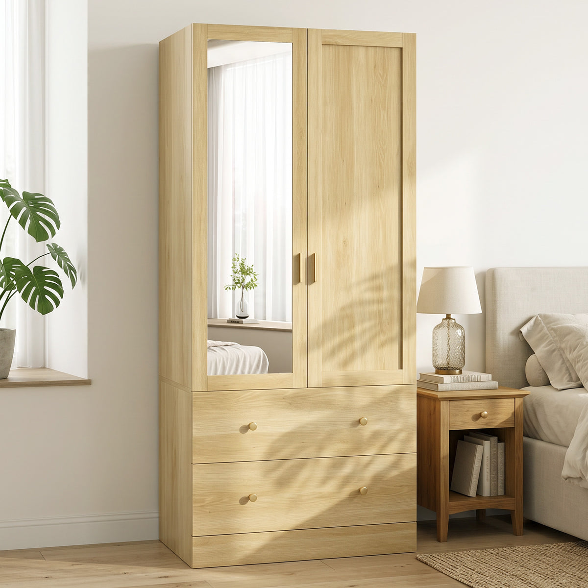 Armoire chambre penderie avec miroir, 2 portes, 2 tiroirs et barre de suspension, 80 x 50 x 180 cm, chêne-1