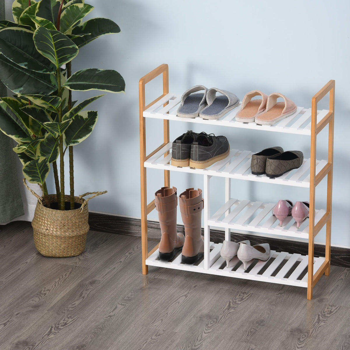 Etagère à Chaussures - étagère de Rangement - Meuble Chaussures 4 Niveaux Bois de pin étagères à Lattes MDF Blanc-9