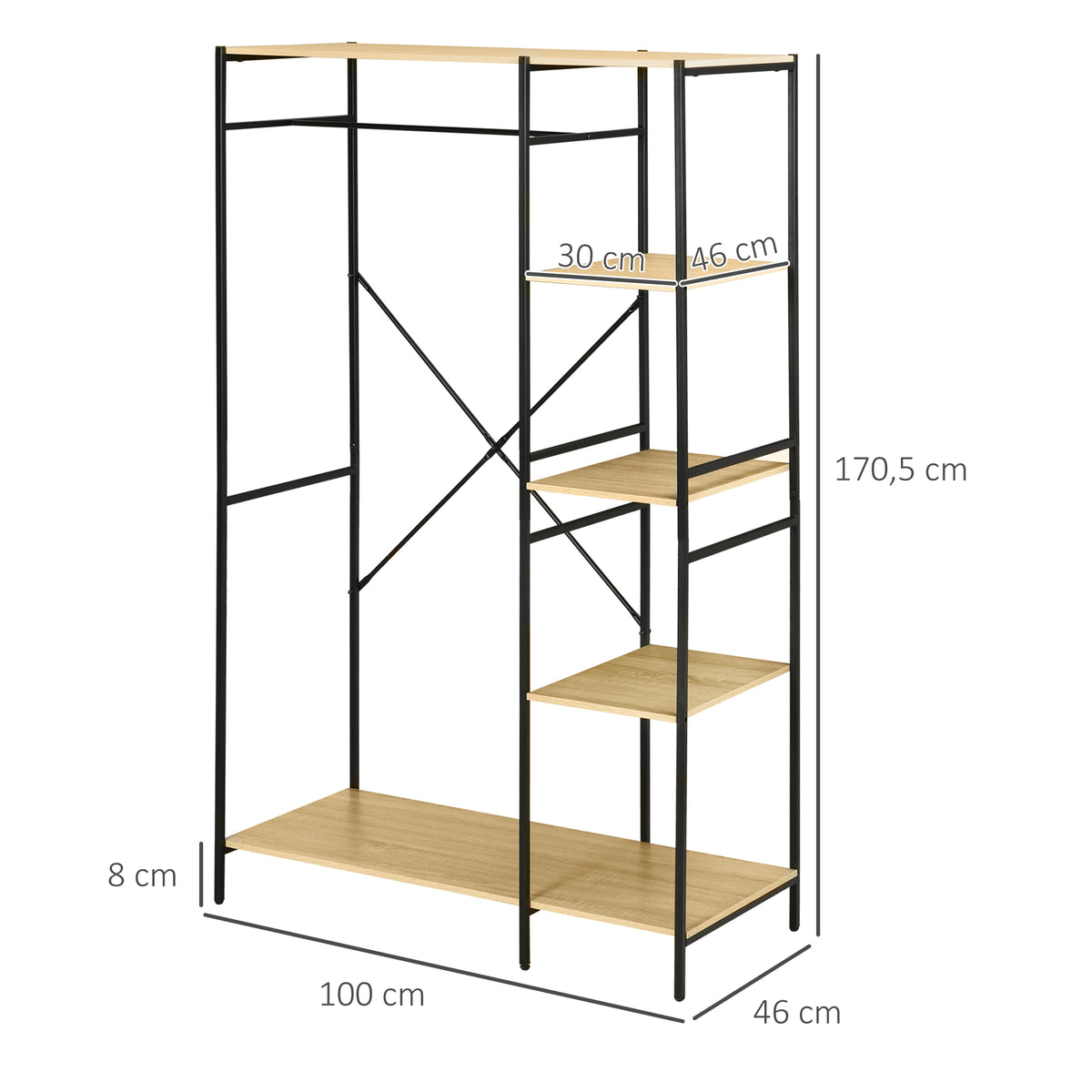 Penderie portant à vêtements style industriel en métal avec tringle et 4 étagères - dim. 100L x 46L x 170,5H cm-2