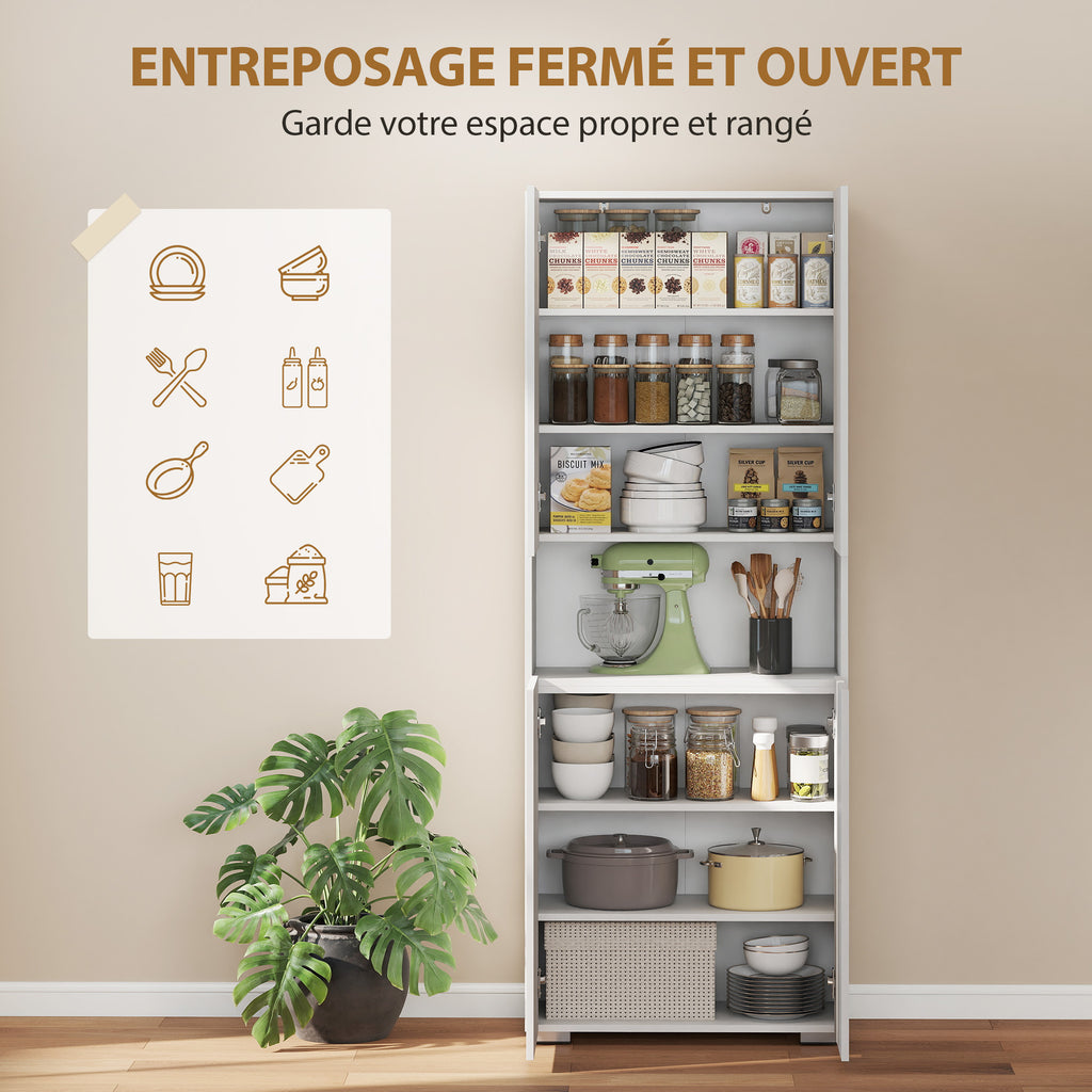 Buffet haut cuisine, armoire de cuisine, 4 portes à fermeture douce et étagères réglables, 68x34x180cm, blanc brillant-4