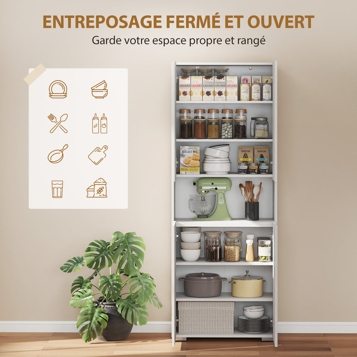 Buffet haut cuisine, armoire de cuisine, 4 portes à fermeture douce et étagères réglables, 68x34x180cm, blanc brillant-4