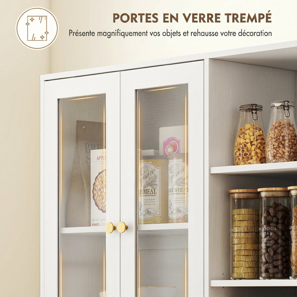 Buffet haut cuisine, vaisselier vitrine avec 4 portes à fermeture douce en verre trempé, 90x35x172cm, blanc-6