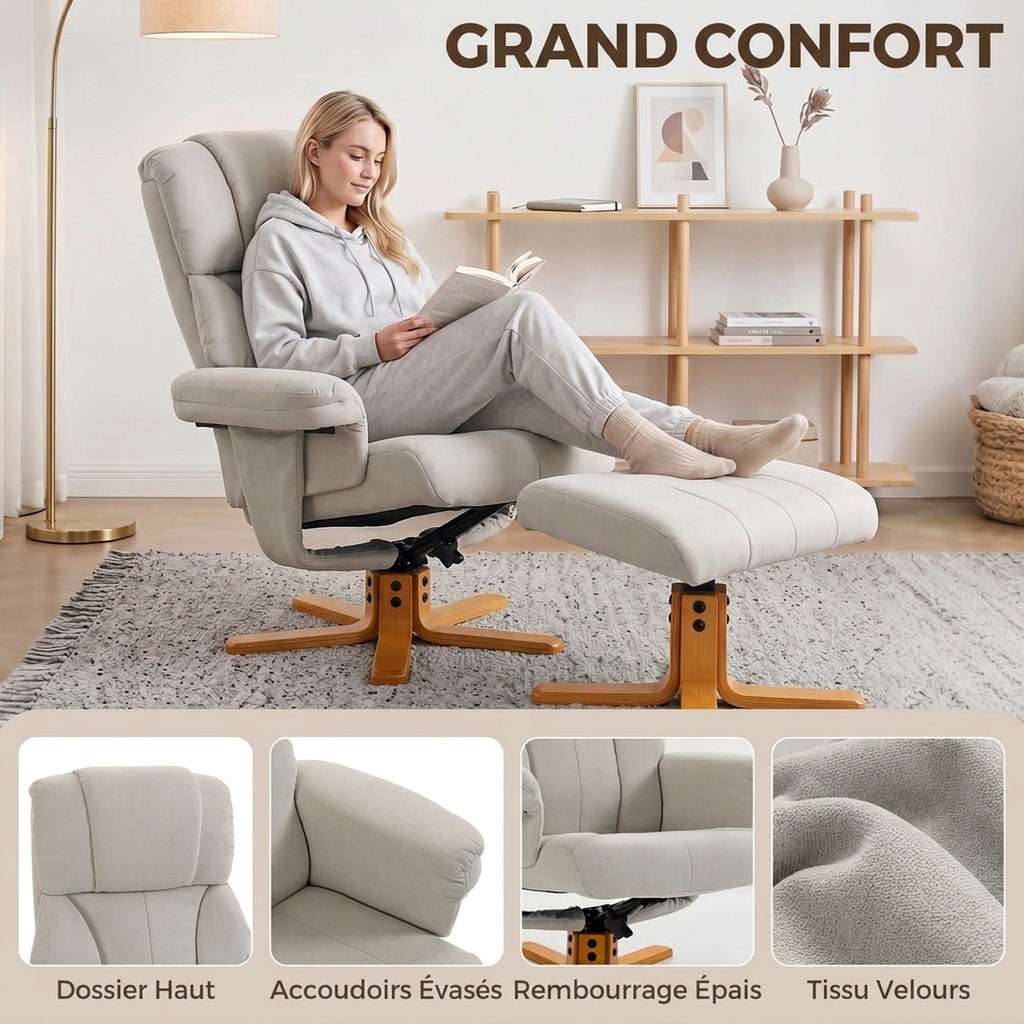 Fauteuil relax avec repose-pied, fauteuil de relaxation, dossier inclinable, assise rembourrée, 79x80x104cm, crème-5