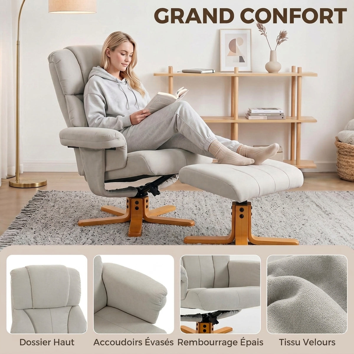 Fauteuil relax avec repose-pied, fauteuil de relaxation, dossier inclinable, assise rembourrée, 79x80x104cm, crème-5