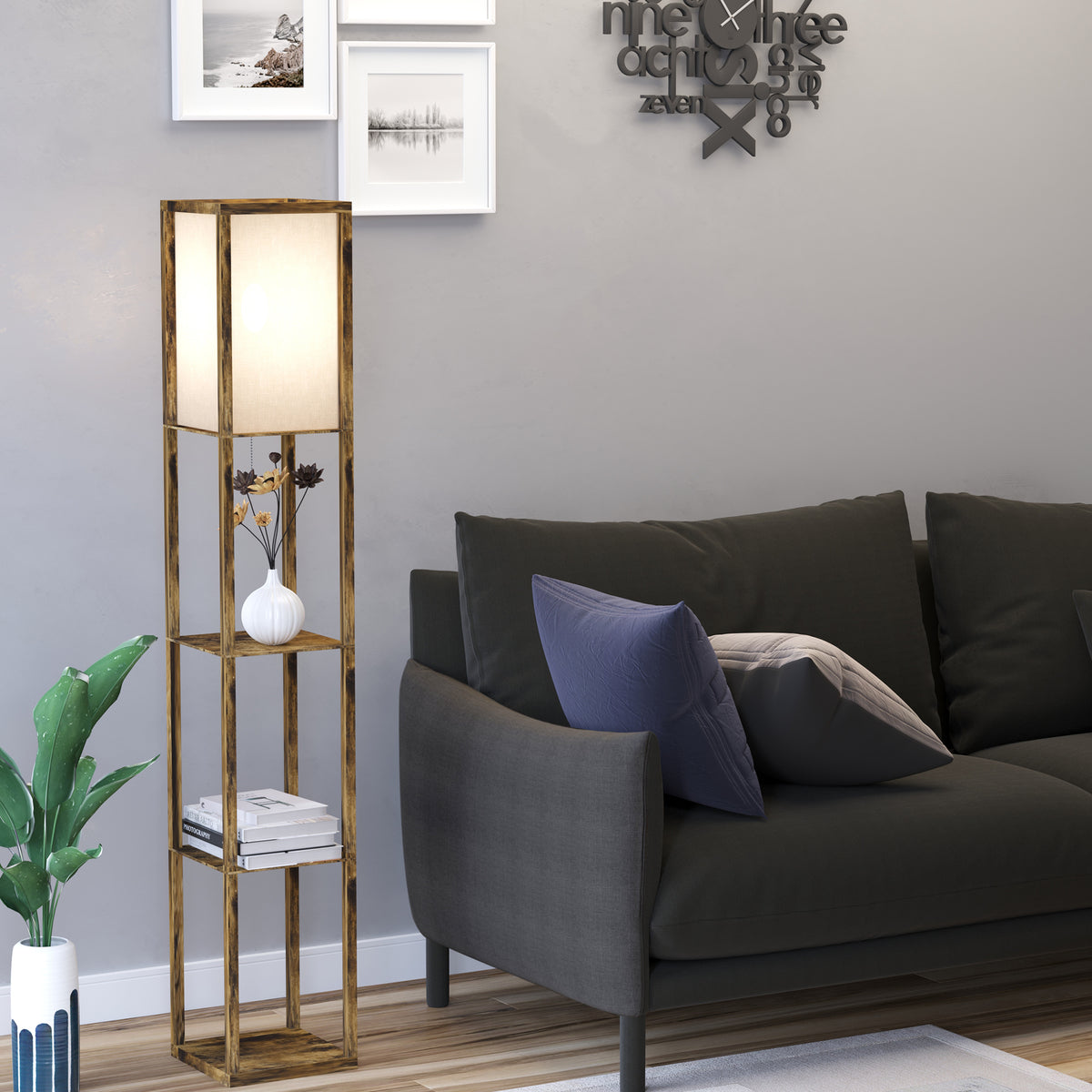 Lampadaire étagère Lampe étagère 26L x 26l x 160H cm 3 étagères 4 Niveaux MDF Blanc et Marron-9