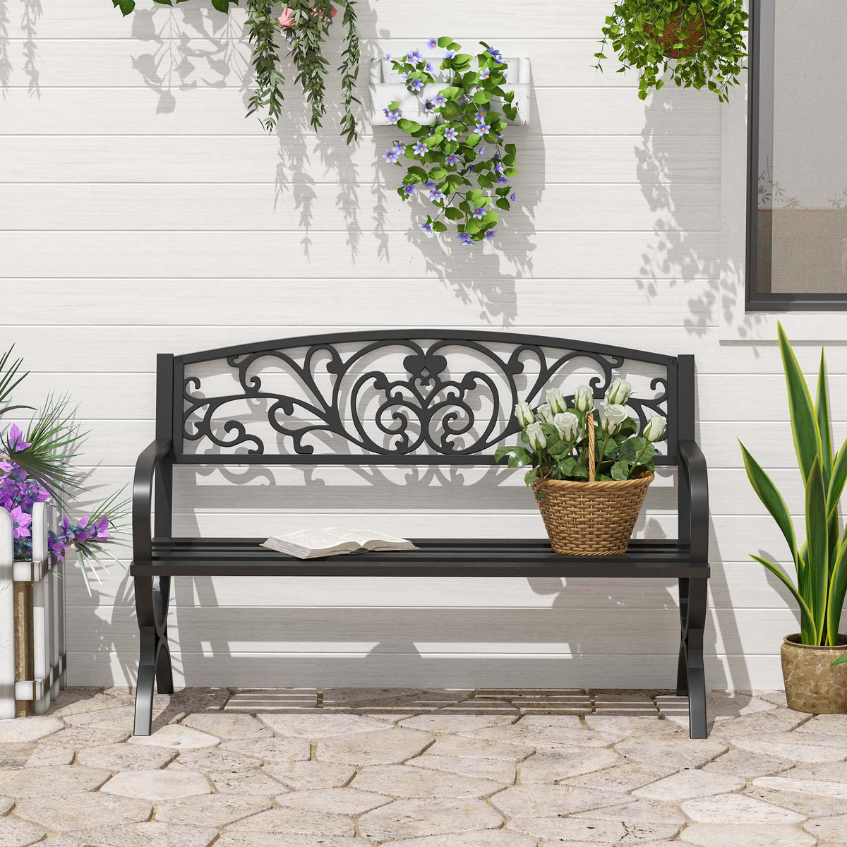 Banc de jardin terrasse en acier fonte noir 3 places 127 x 60 x 85 cm charge max 240 Kg-1