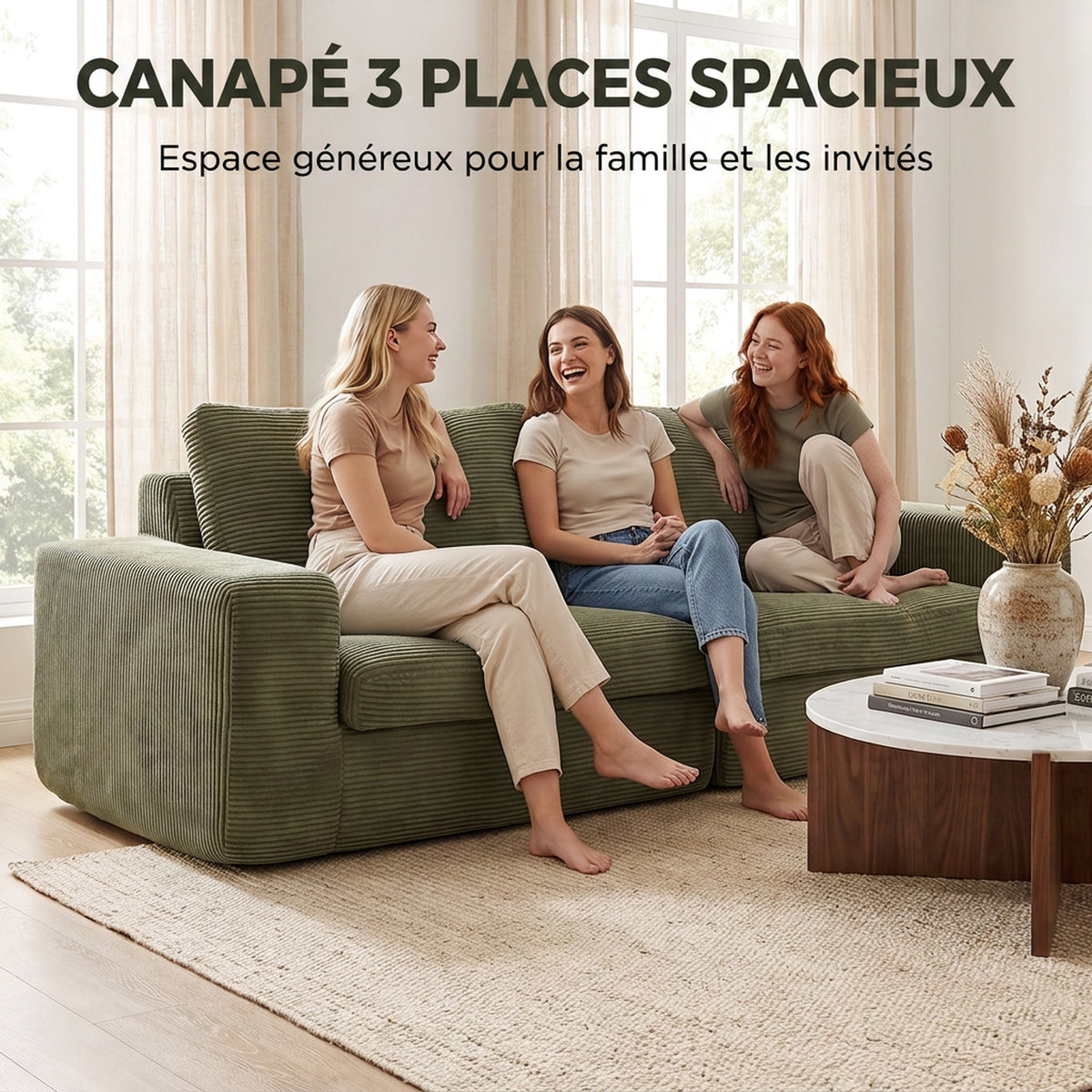 Canapé 3 Places en Velours Côtelé, Canapé de Salon Compressé Moderne 236 cm avec Coussin à Ressorts, Vert-3