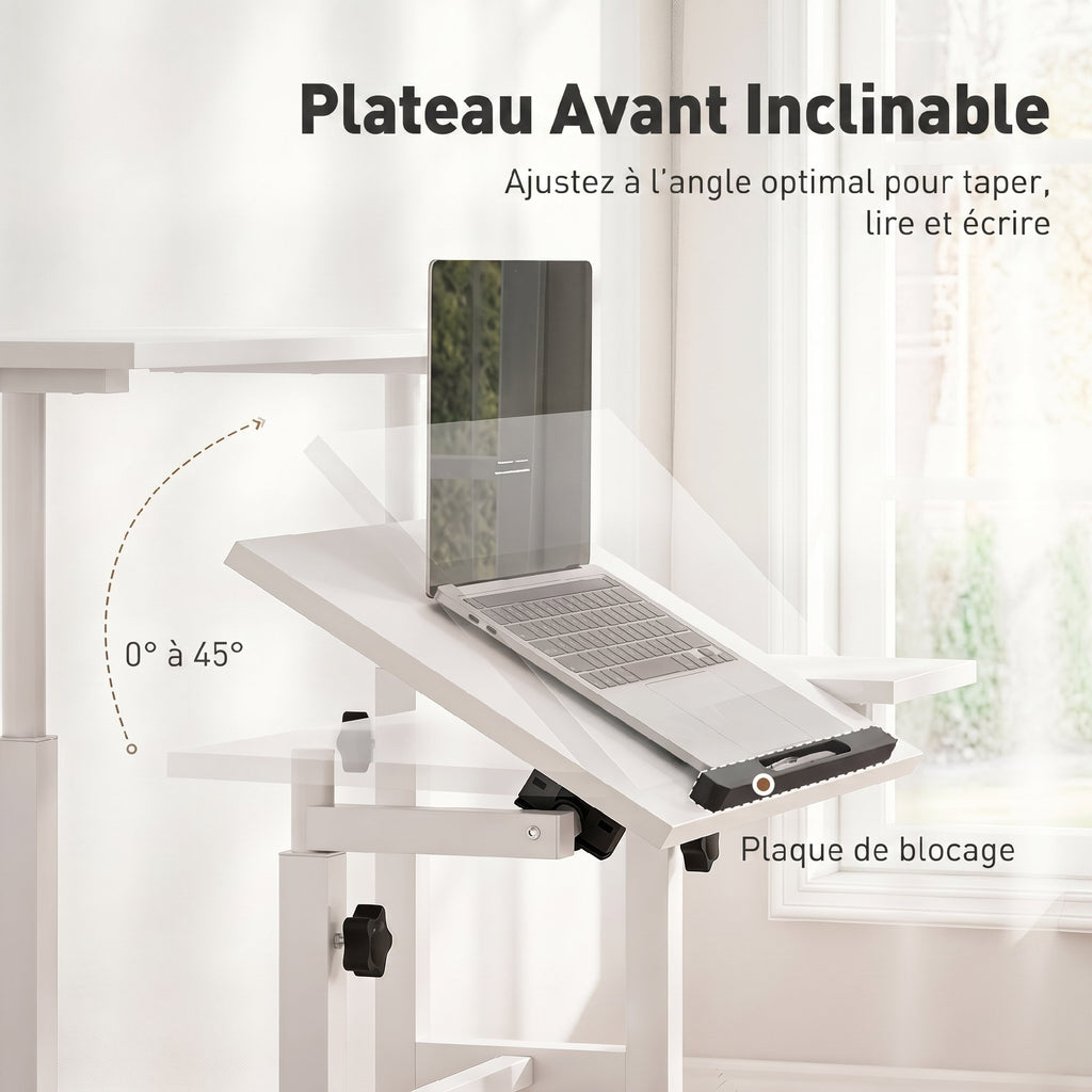 Bureau Assis-Debout, Bureau Réglable en Hauteur 70 x 60 cm, à Roulettes avec Plateau Inclinable, 70x60x70,5-120cm, Blanc-4