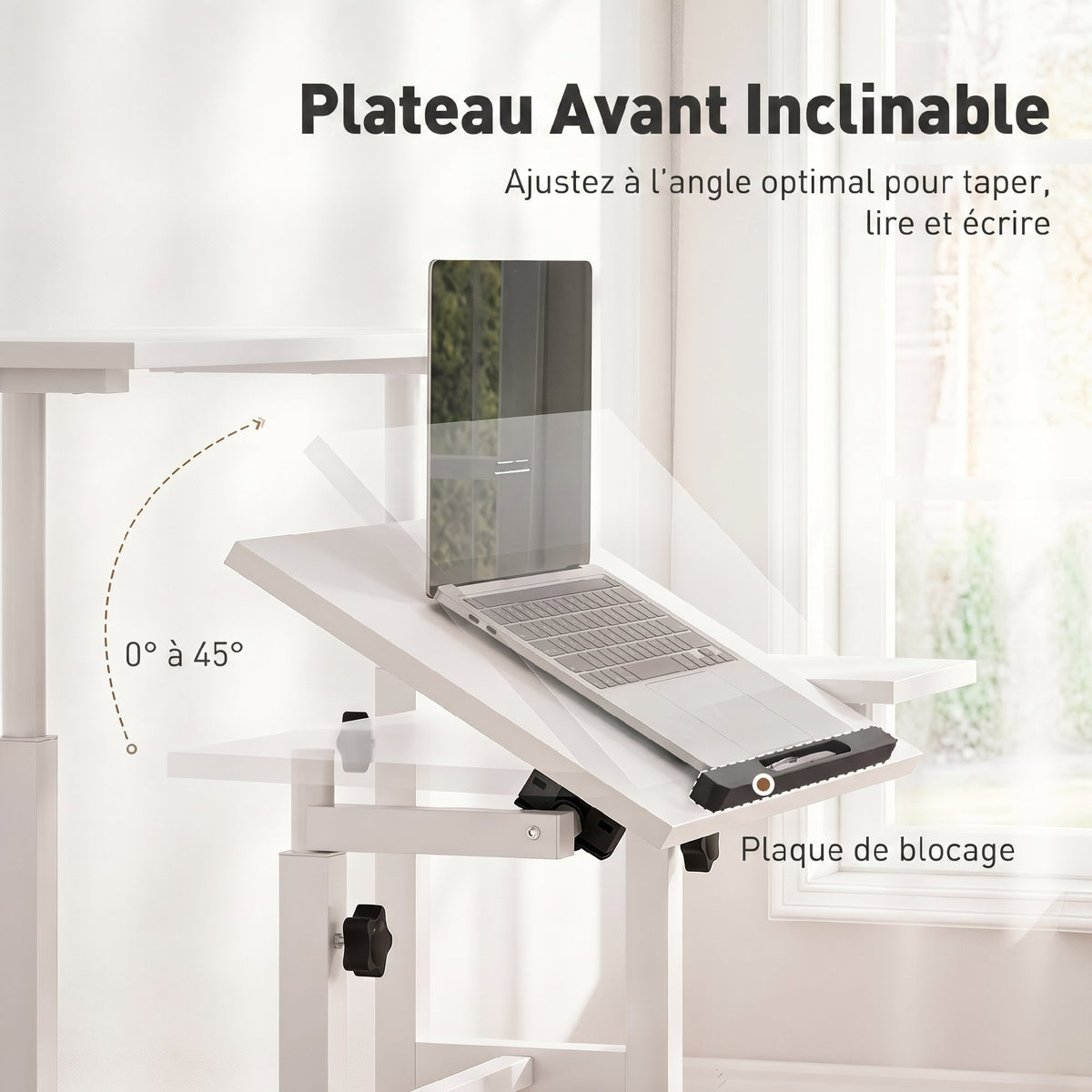 Bureau Assis-Debout, Bureau Réglable en Hauteur 70 x 60 cm, à Roulettes avec Plateau Inclinable, 70x60x70,5-120cm, Blanc-4