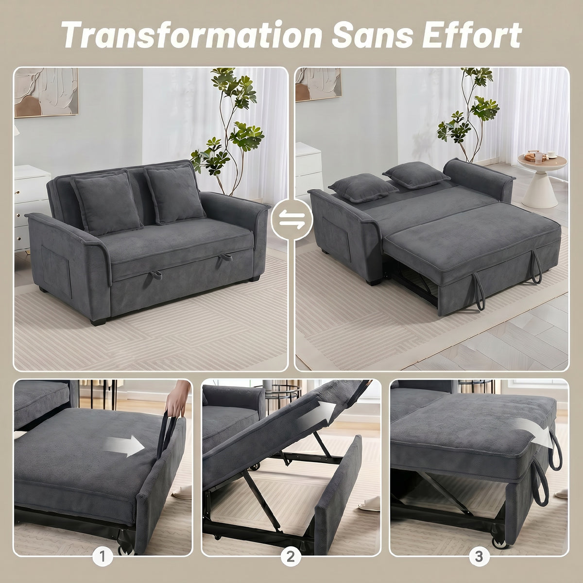 Canapé convertible 2 places, canapé-lit clic-clac en chenille, dossier réglable, 2 coussins, poche latérale, gris-3
