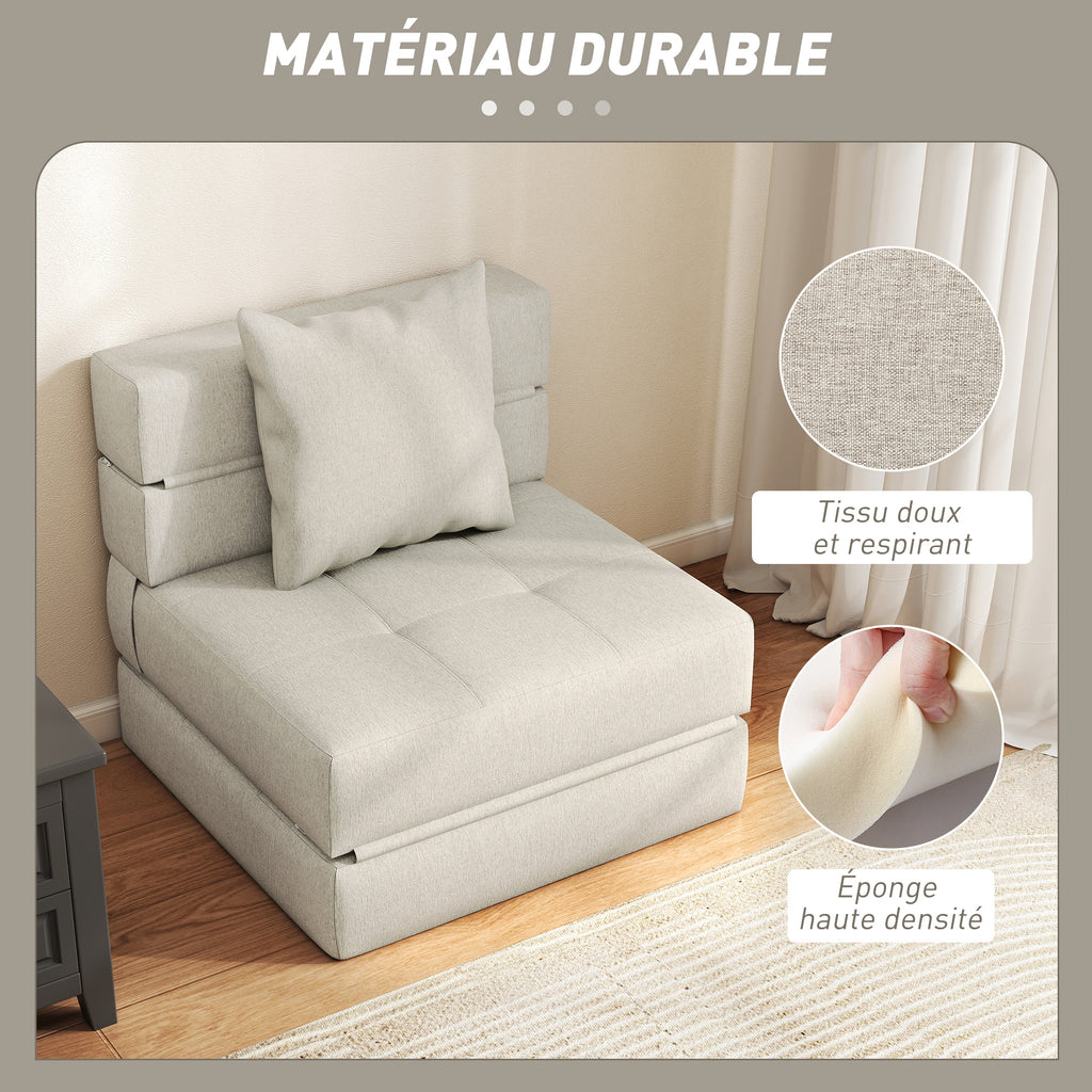 Chauffeuse canapé-lit convertible fauteuil 1 place avec 1 coussin déhoussable, tissu beige-4