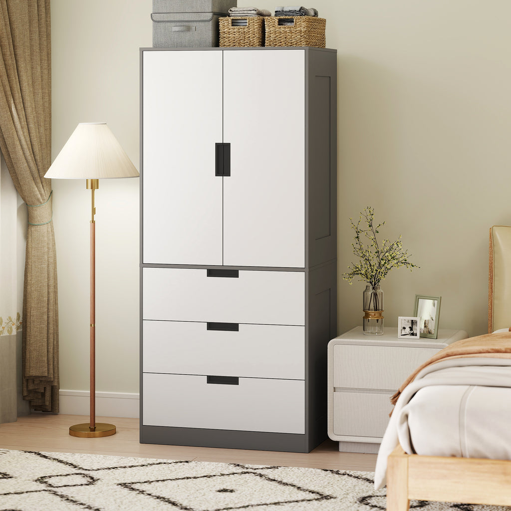 Armoire chambre penderie avec 2 portes à fermeture douce, 3 tiroirs et barre de suspension, 80x50x180cm, gris et blanc-1