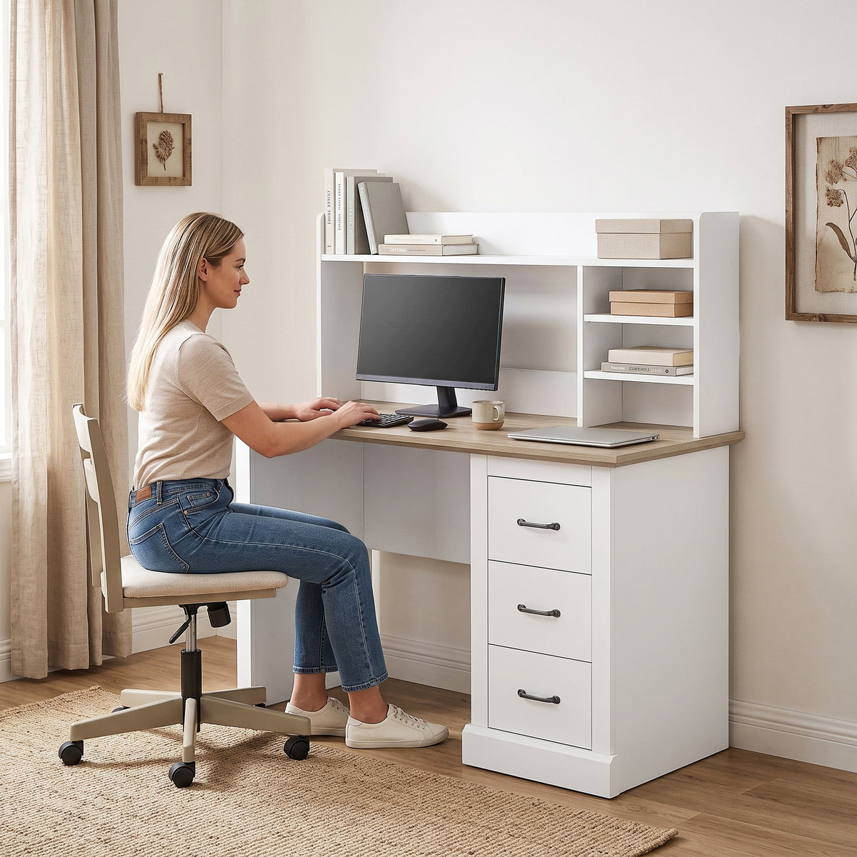 Bureau Informatique avec 3 Tiroirs, 120x55cm, Bureau avec Rangement, Étagères Ouvertes et Large Plateau, Chêne et Blanc-9