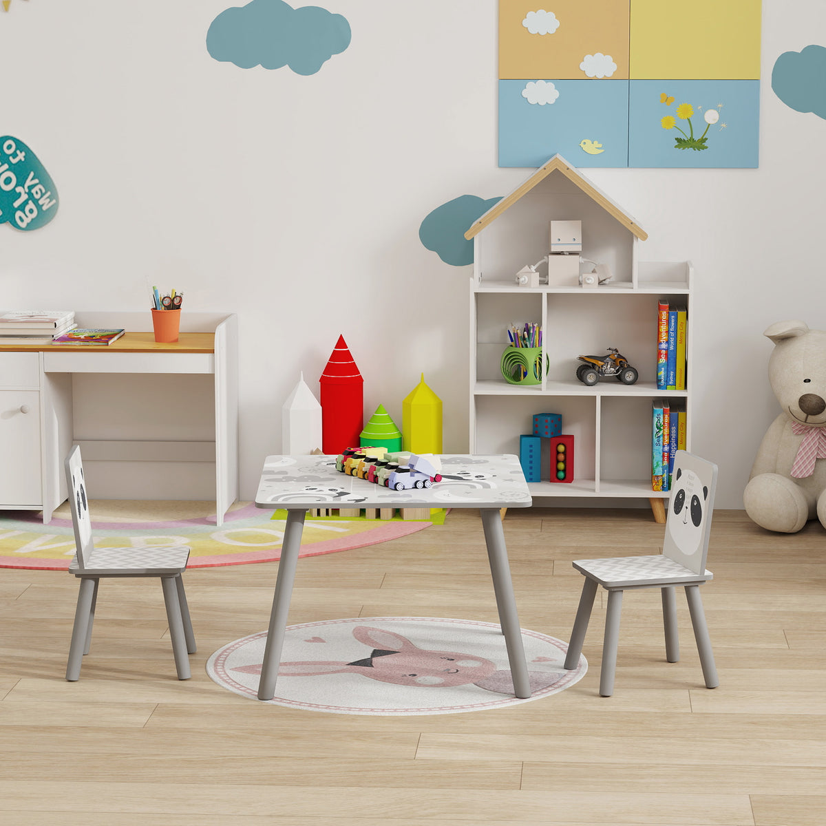 Ensemble table et chaises pour enfants, table pour enfant avec 2 chaises, motif animaux pour chambre à coucher gris-7