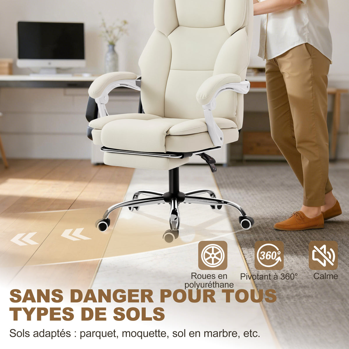 Chaise bureau ergonomique, fauteuil de bureau avec dossier inclinable, hauteur réglable, 64x73x112-120cm, beige-7