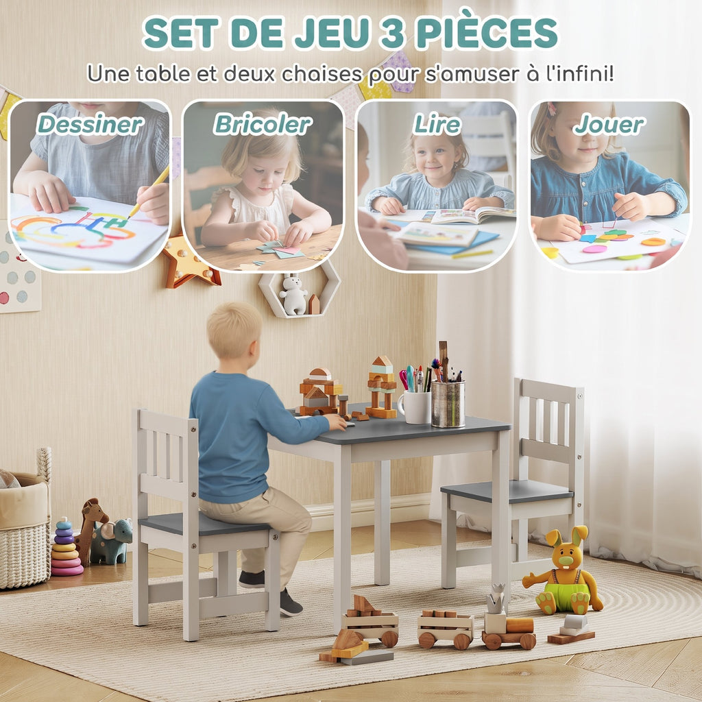 Table enfant avec chaise, lot table et 2 chaises enfant en bois pour dessiner, jouer, étudier, 56x52x48cm, gris-4