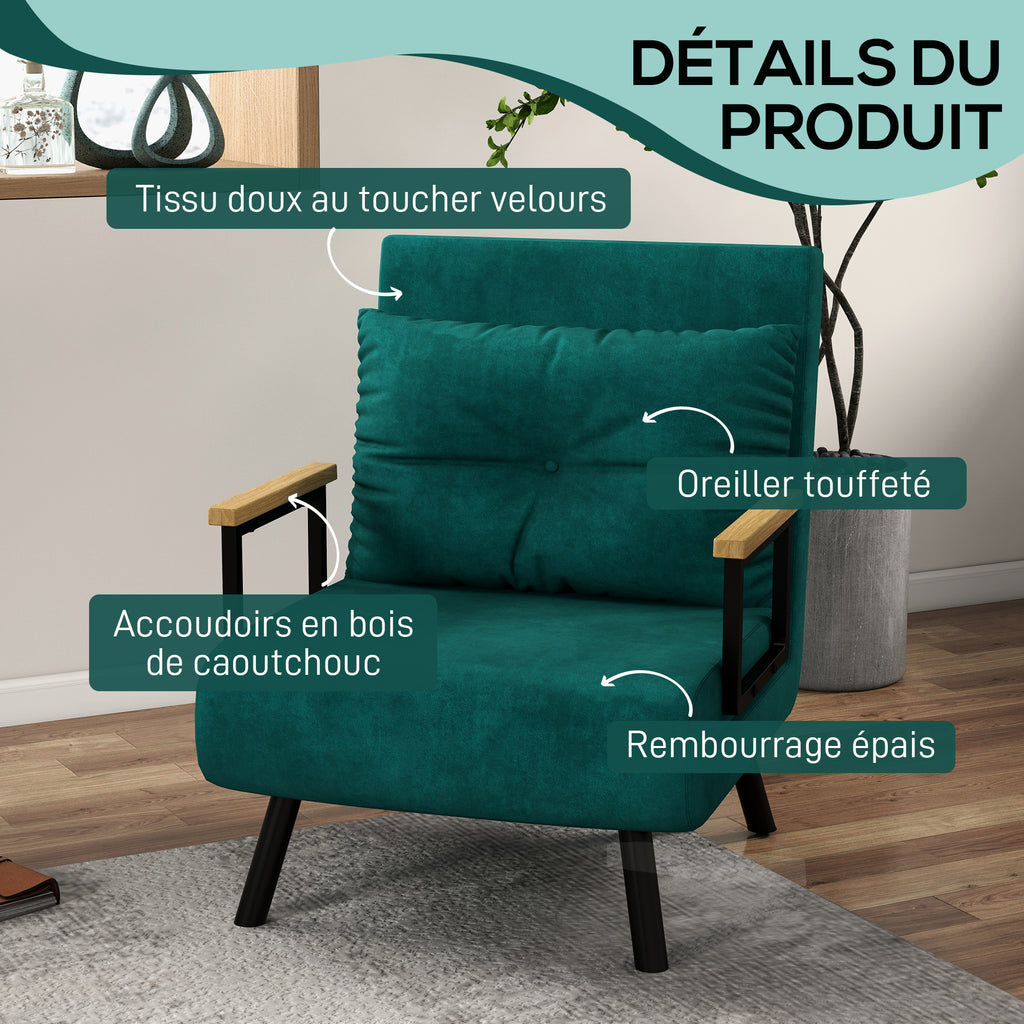 Fauteuil convertible 1 place fauteuil-lit chauffeuse 3 en 1 dossier réglable oreiller tissu velours 63x73x81cm vert-5